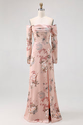 Blush Blumen Schulterfreies Etui Langes Hochzeitsgastkleid mit Schlitz